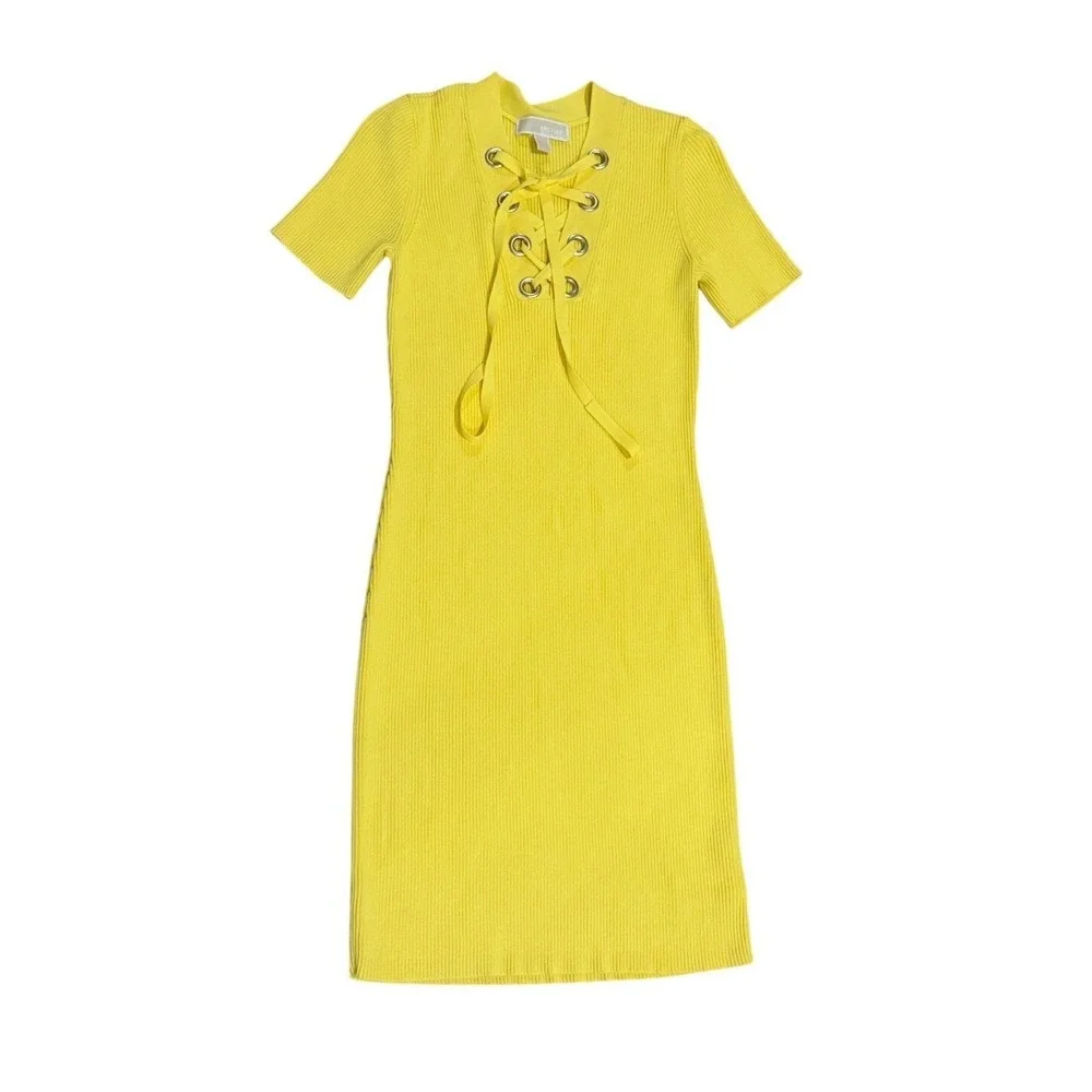 Michael Kors Womens Yellow Ribbed Lace-Up Fitted Chic Midi Sweater Dress Size S